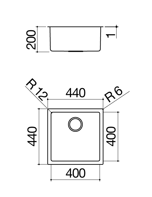 Fregadero cuadrado R.”12” 316 de 40x40 - OUTDOOR - 1 cubeta, Acero